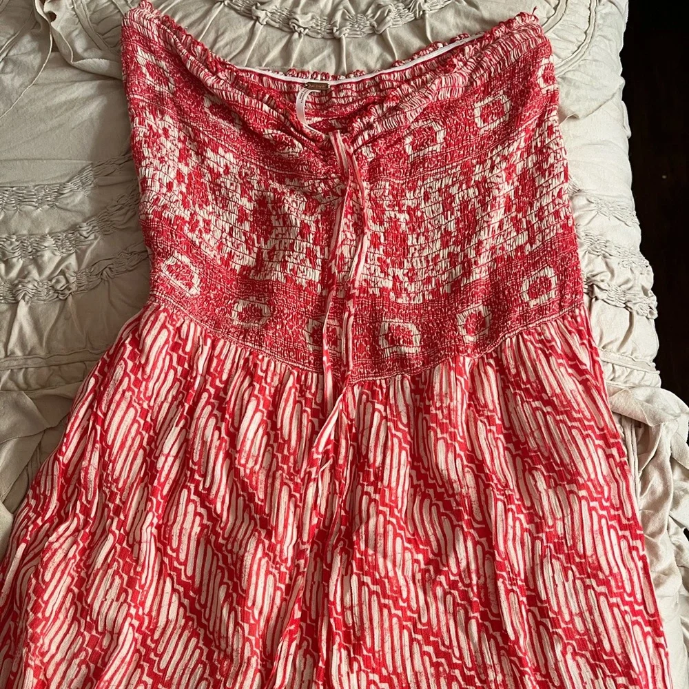 Free People Strapless Red Patterned Jumpsuit